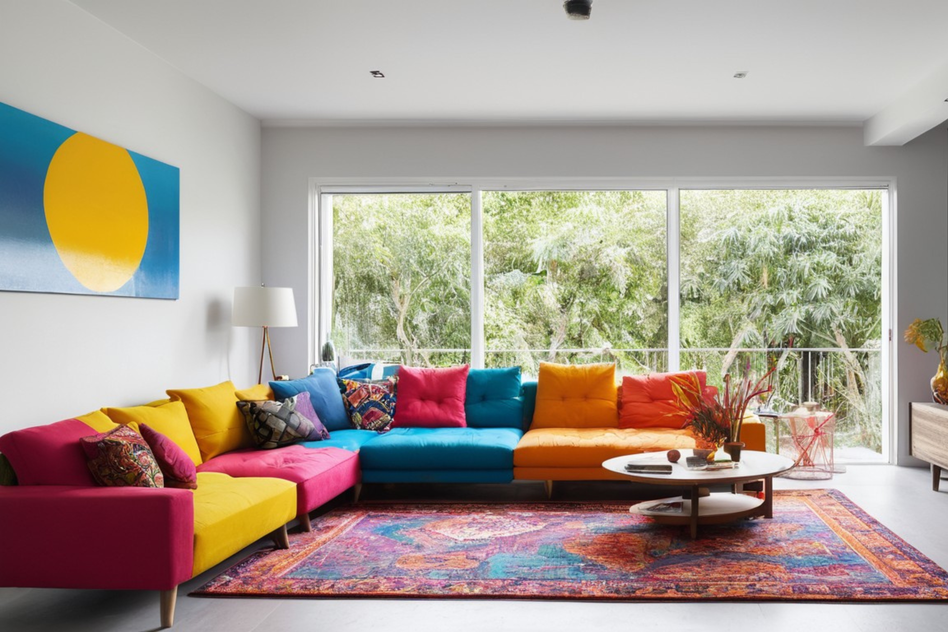 Merész színekkel díszített modern otthon, amely a kulturális színszimbolika sokszínűségét tükrözi.