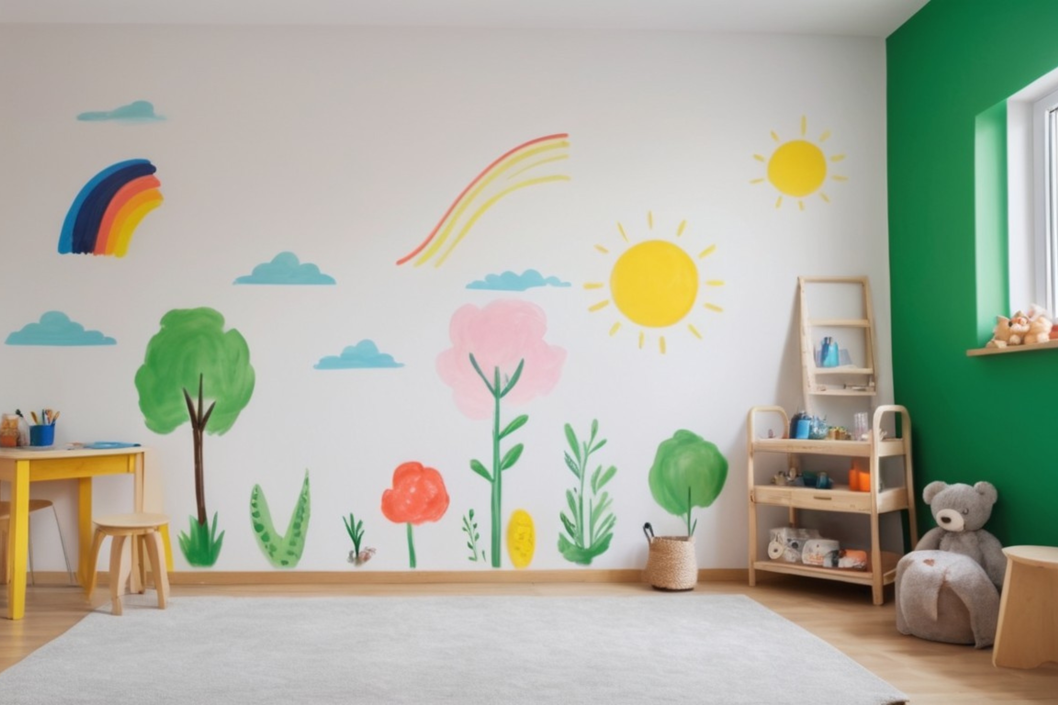 DIY faldekorációs projekt a gyerekszobában, ahol a szülők és gyerekek együtt festenek, hangsúlyozva a közös kreatív tevékenység fontosságát.
