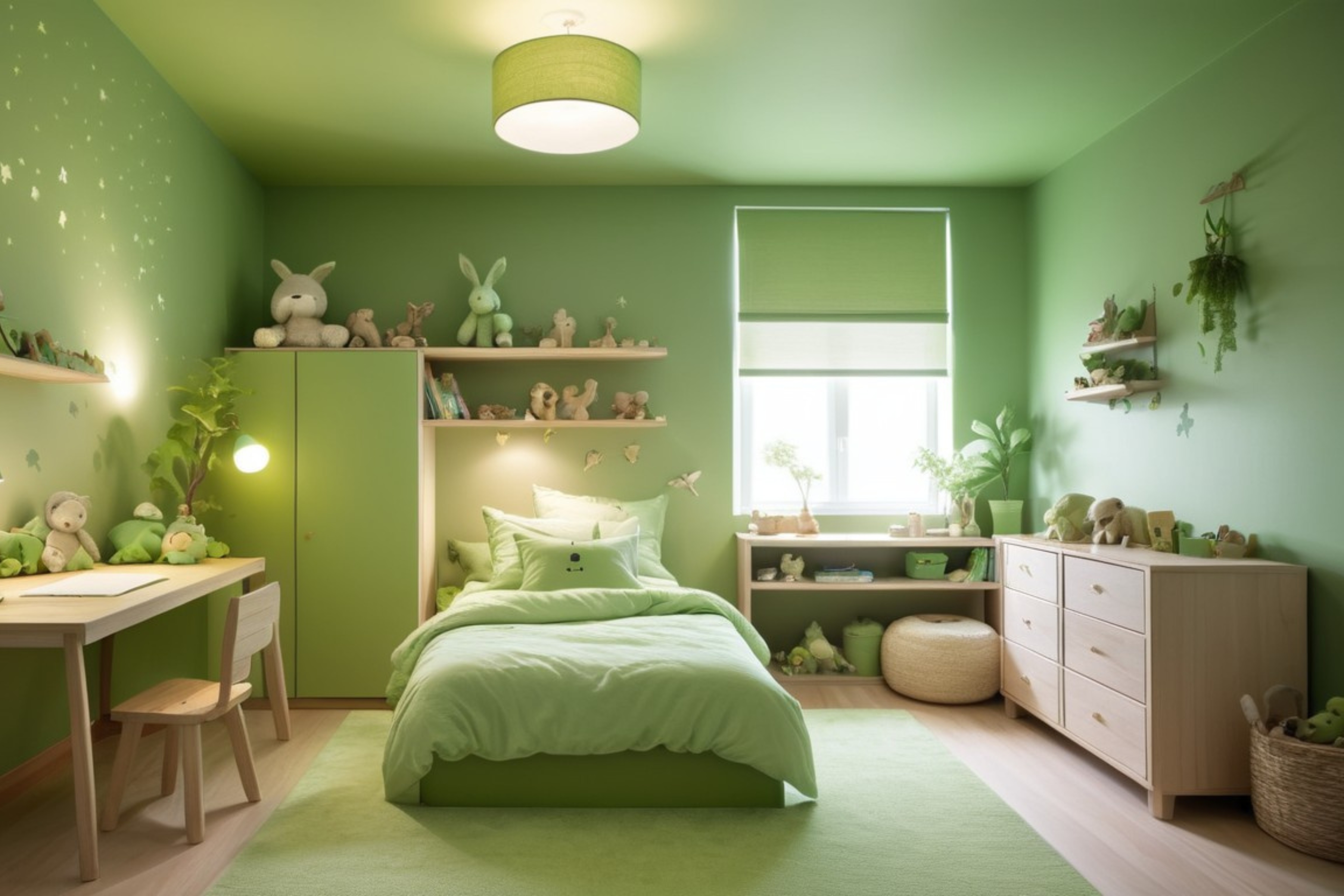 Nyugtató zöld színű gyerekszoba visszafogott világítással és természetes elemekkel, elősegítve a pihentető alvást és relaxációt.