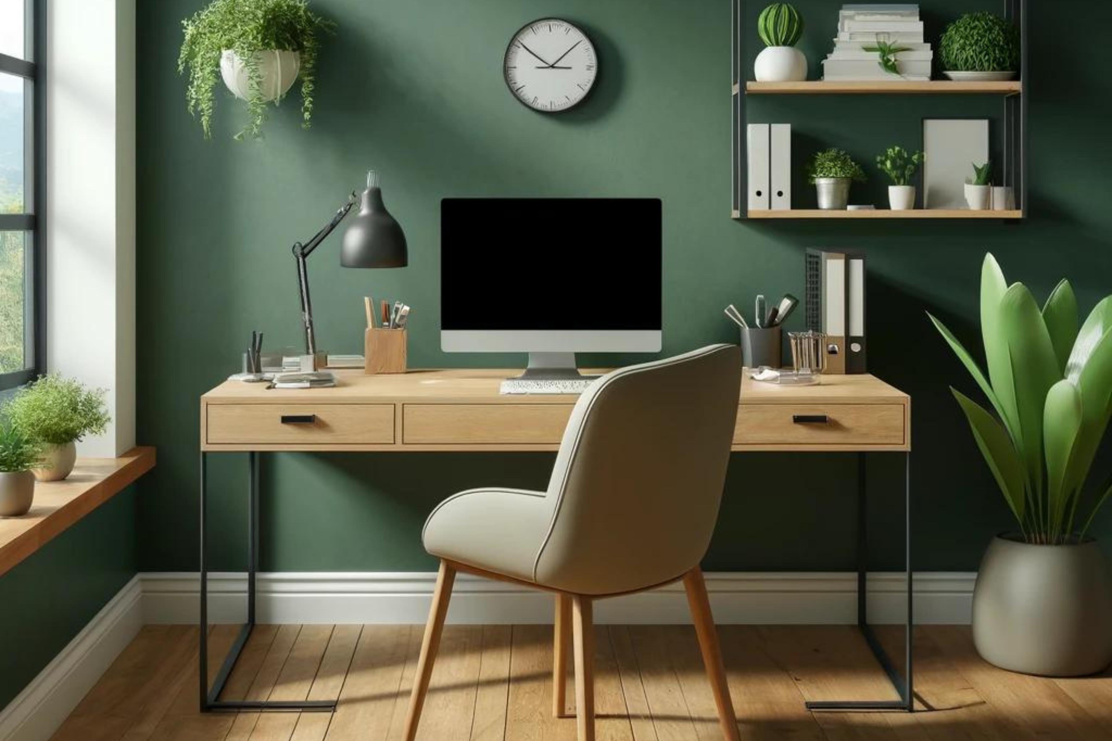 A dolgozószoba falain a mélyzöld színek a kreatív, sok stresszel járó feladatok alatt jöhetnek jól. 