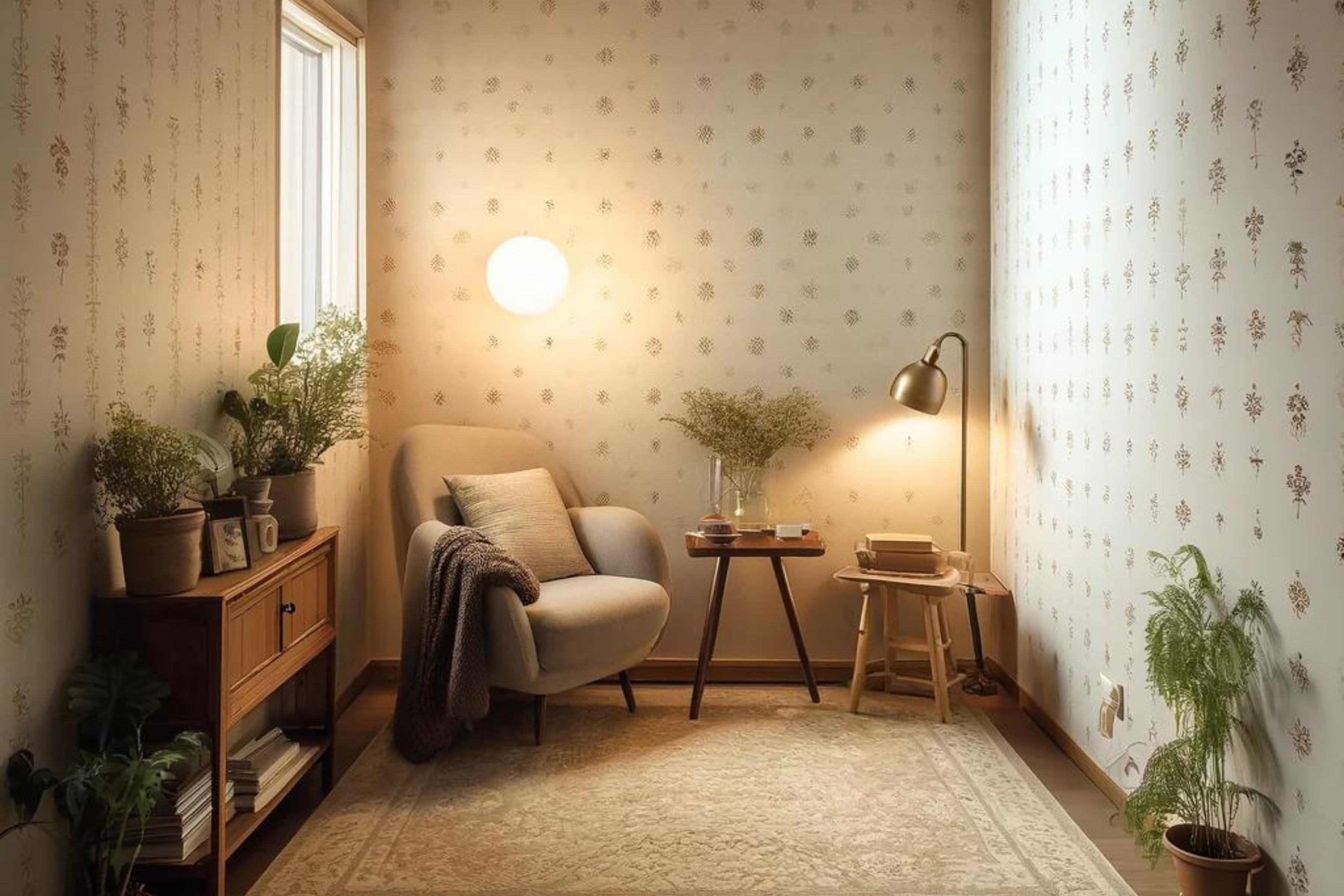 Kis szoba, pici mintás tapéta tökéletes párosítás a hangulatos tér érdekében.