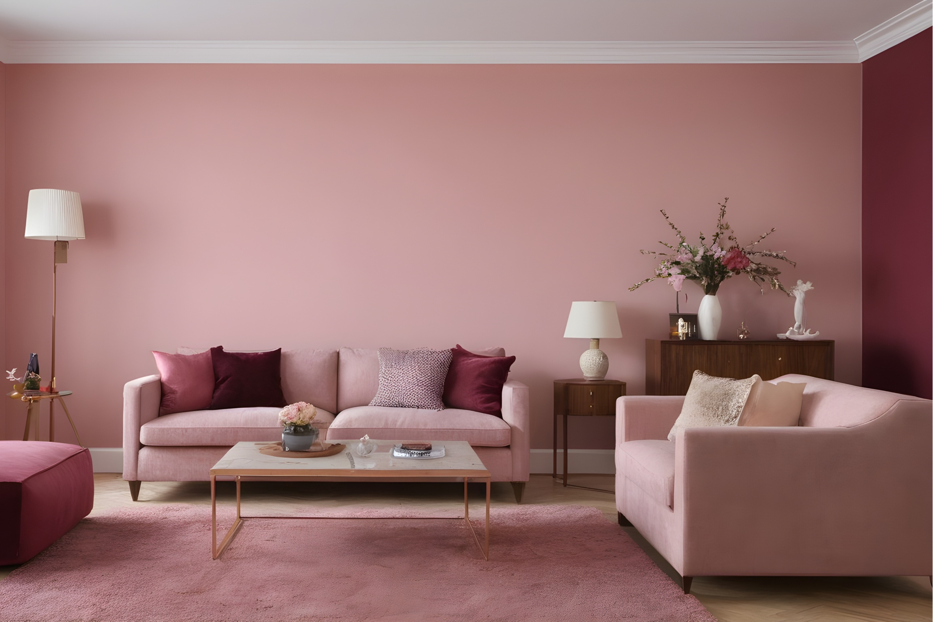 Elegáns nappali pasztell rózsaszín és burgundi falakkal, tökéletesen tükrözve a Valentin-napi romantikát.