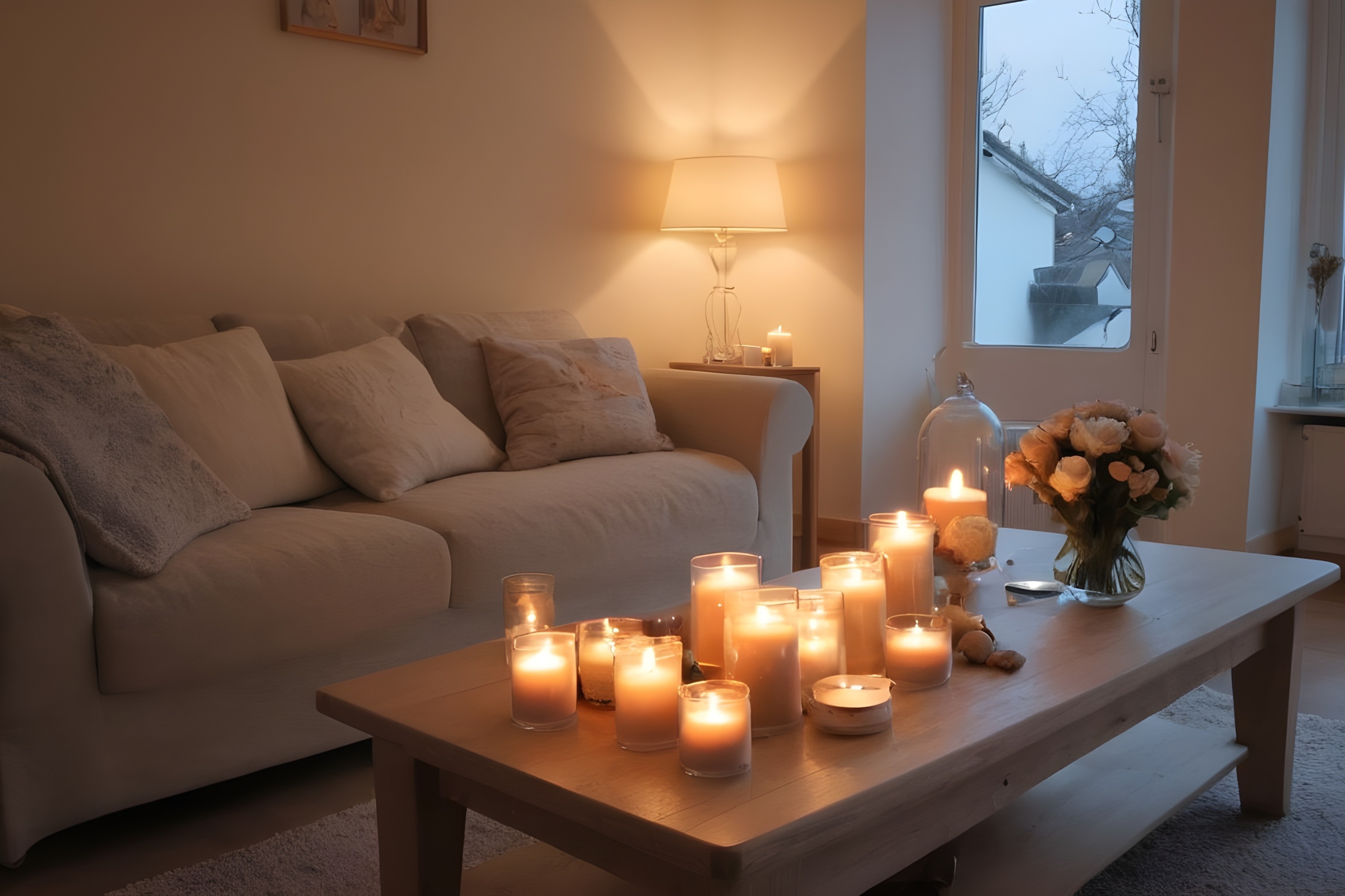 Hangulatos nappali lágy fényű lámpákkal és gyertyákkal, megteremtve a tökéletes romantikus atmoszférát.