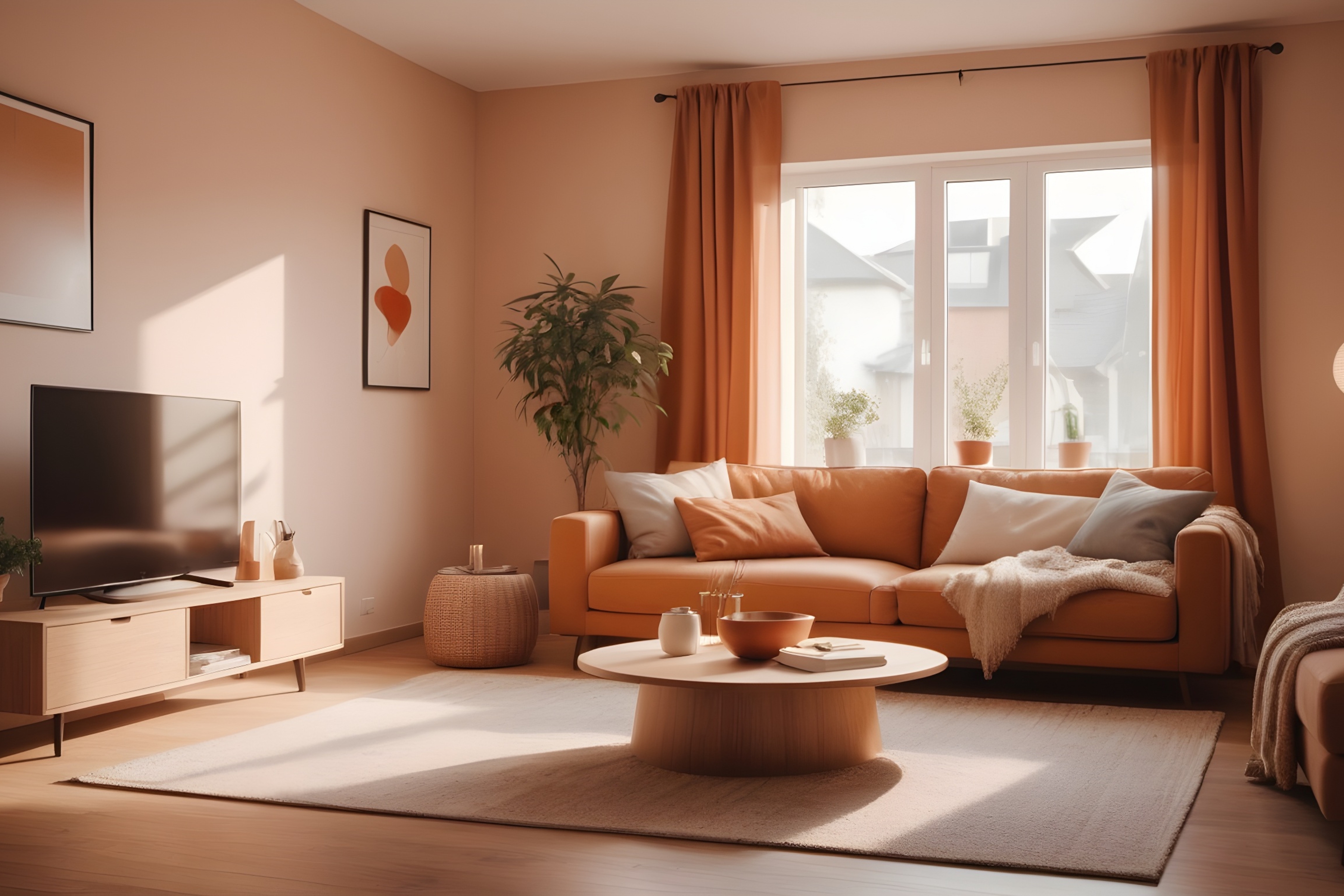 Hangulatos nappali, meleg színekkel és minimalista stílusban berendezve, bemutatva a színek és stílusok harmóniáját otthoni környezetben.