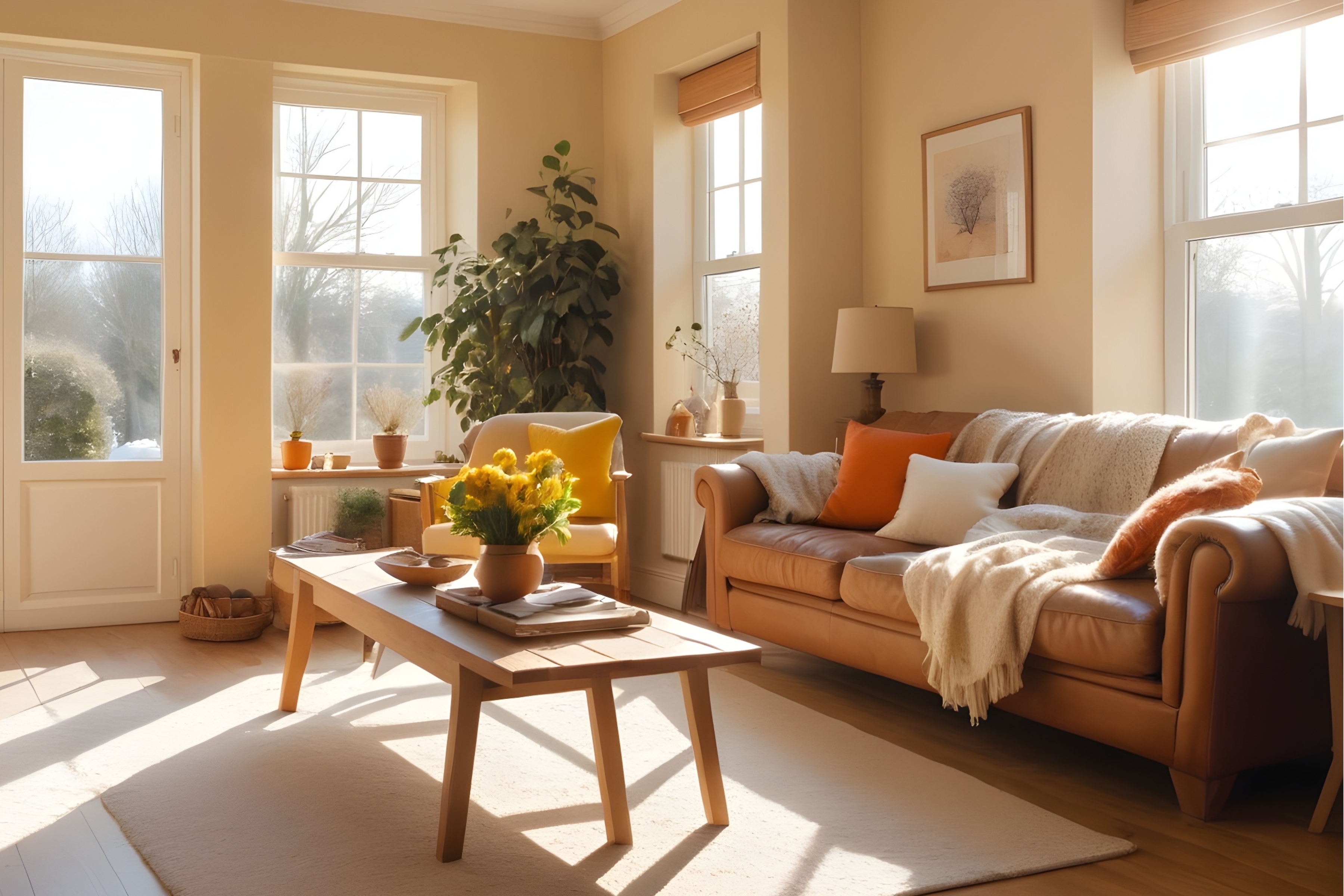 Világos és meleg színű nappali, tele téli napfénnyel, amely bemutatja, hogyan változtathatják meg a meleg színek a téli hangulatot.
